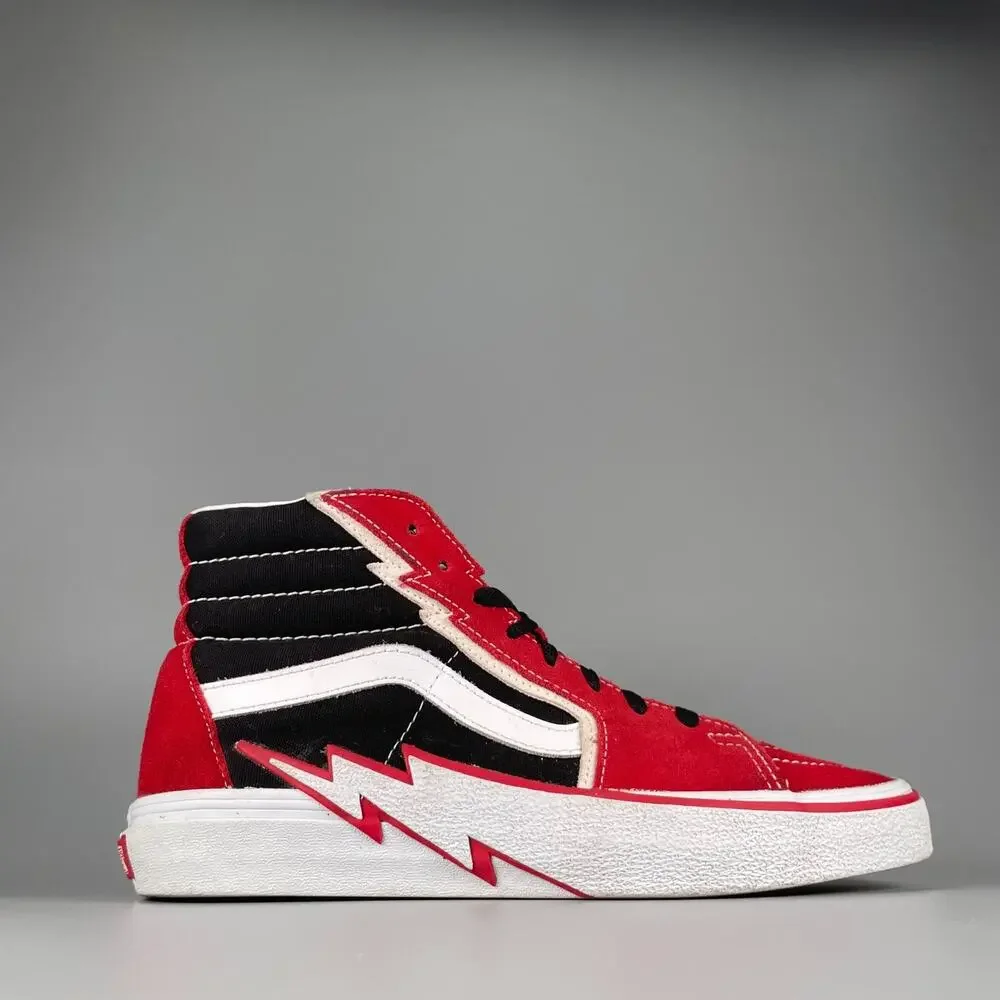 Men's 8.5 Womens 10 Vans Sk8 Hi Red White Lightning Bolt Skate Sneaker Shoe EUC